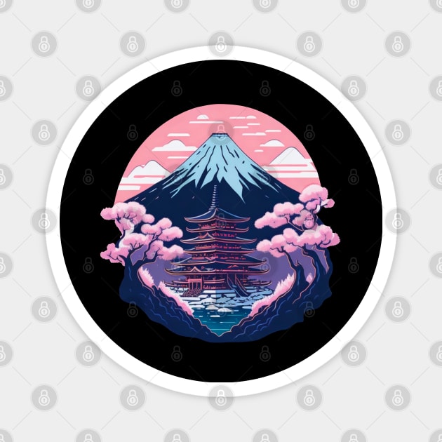 Symmetrical Japanese Pagoda, Mountain and Flowers Magnet by Lady Lilac